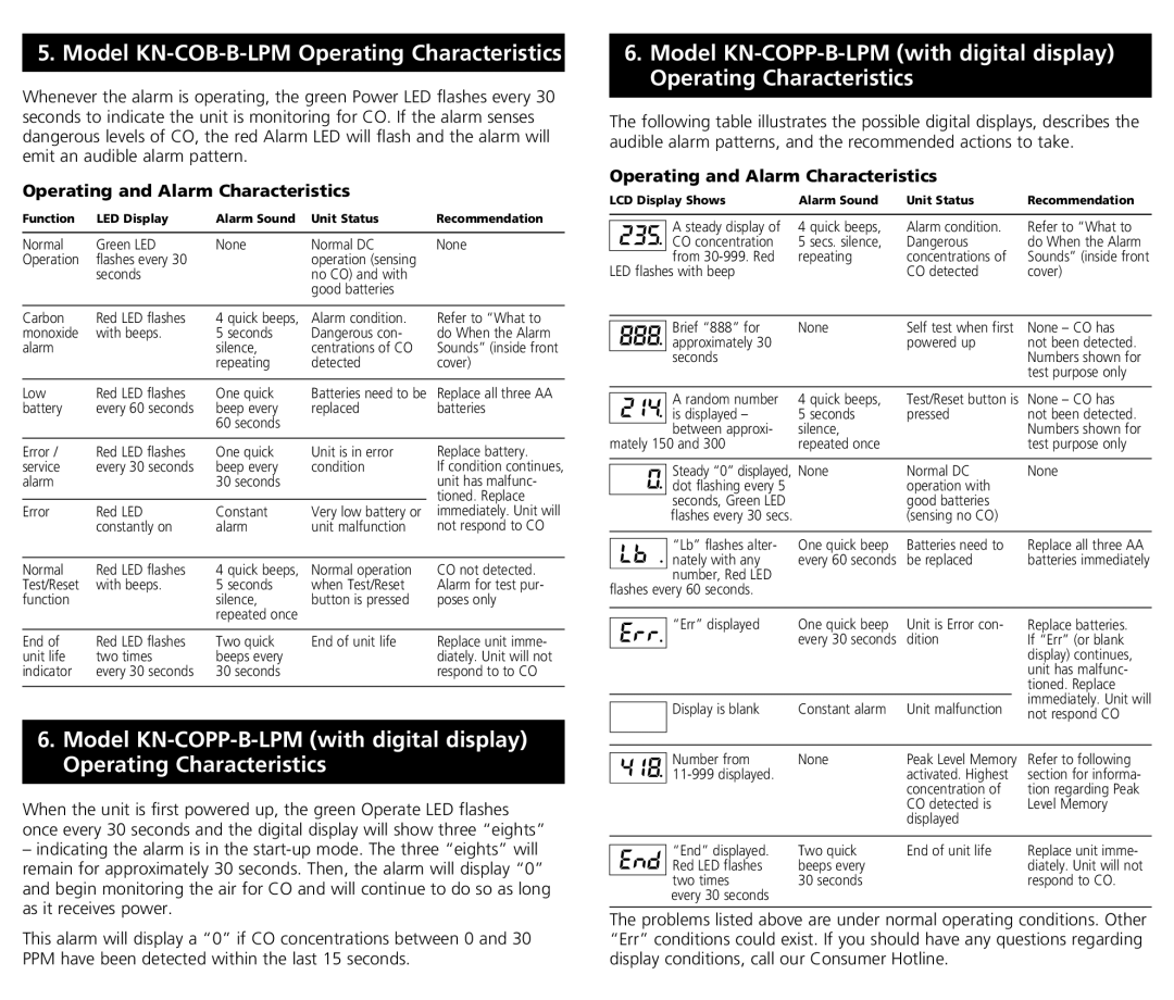 Kidde manual Model KN-COB-B-LPM Operating Characteristics, Operating and Alarm Characteristics 