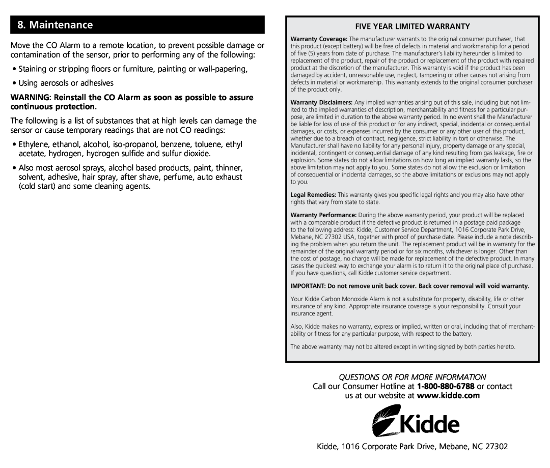 Kidde KN-COB-B-LPM manual Five Year Limited Warranty, Questions Or For More Information, Maintenance 