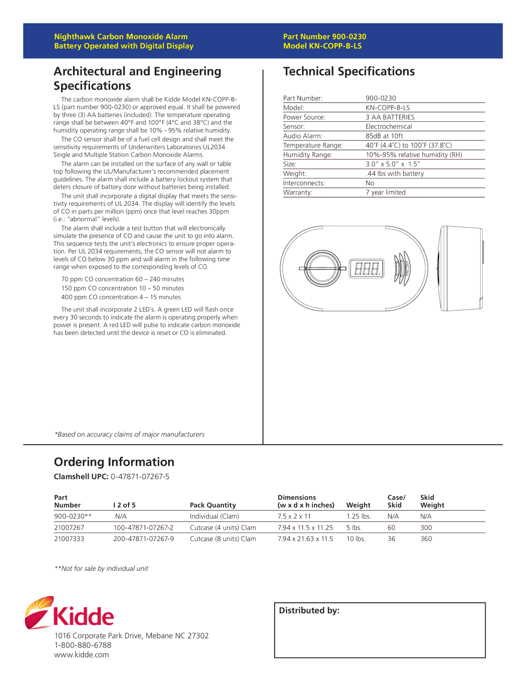 Kidde KN-COPP-B-LS warranty Architectural and Engineering Specifications, Technical Specifications, Ordering Information 