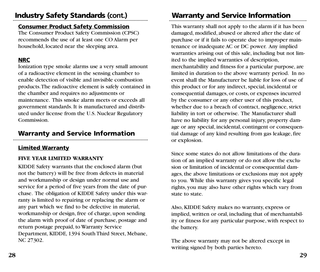 Kidde KN-COSM-B manual Warranty and Service Information, Limited Warranty 