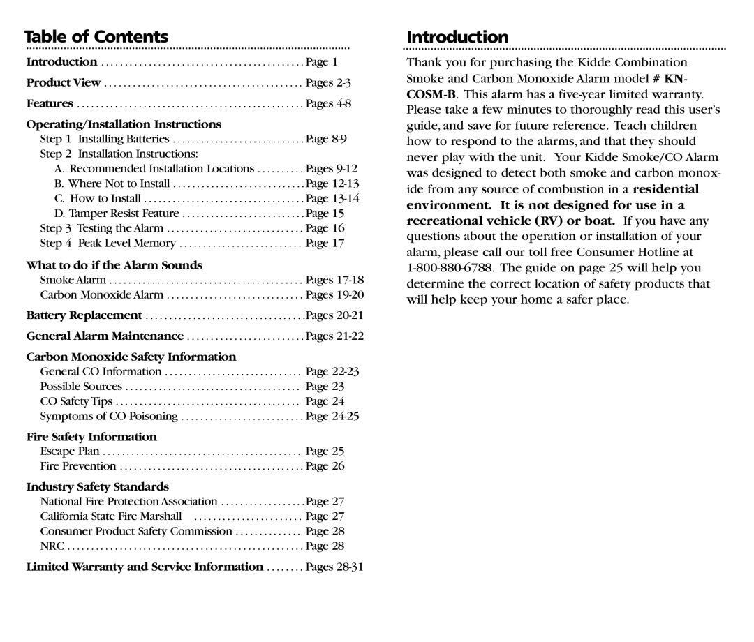 Kidde KN-COSM-B manual Table of Contents, Introduction 