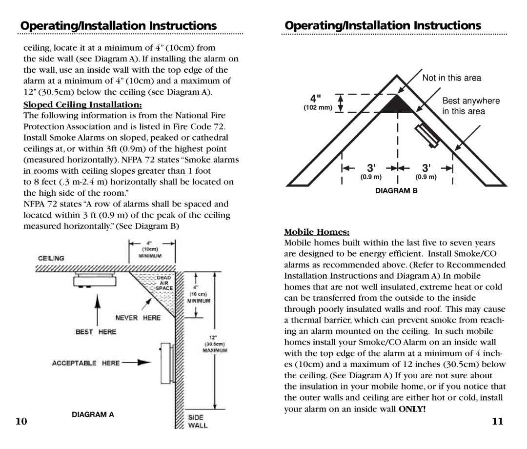 Kidde KN-COSM-B manual Sloped Ceiling Installation, Mobile Homes 