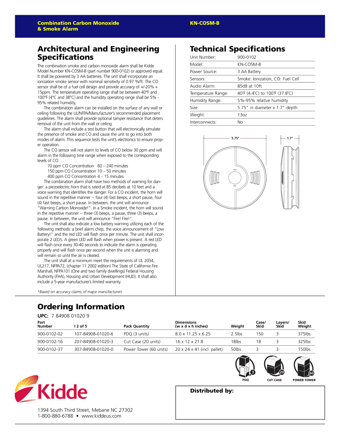 Kidde KN-COSM-B warranty Architectural and Engineering Specifications, Technical Specifications, Ordering Information 