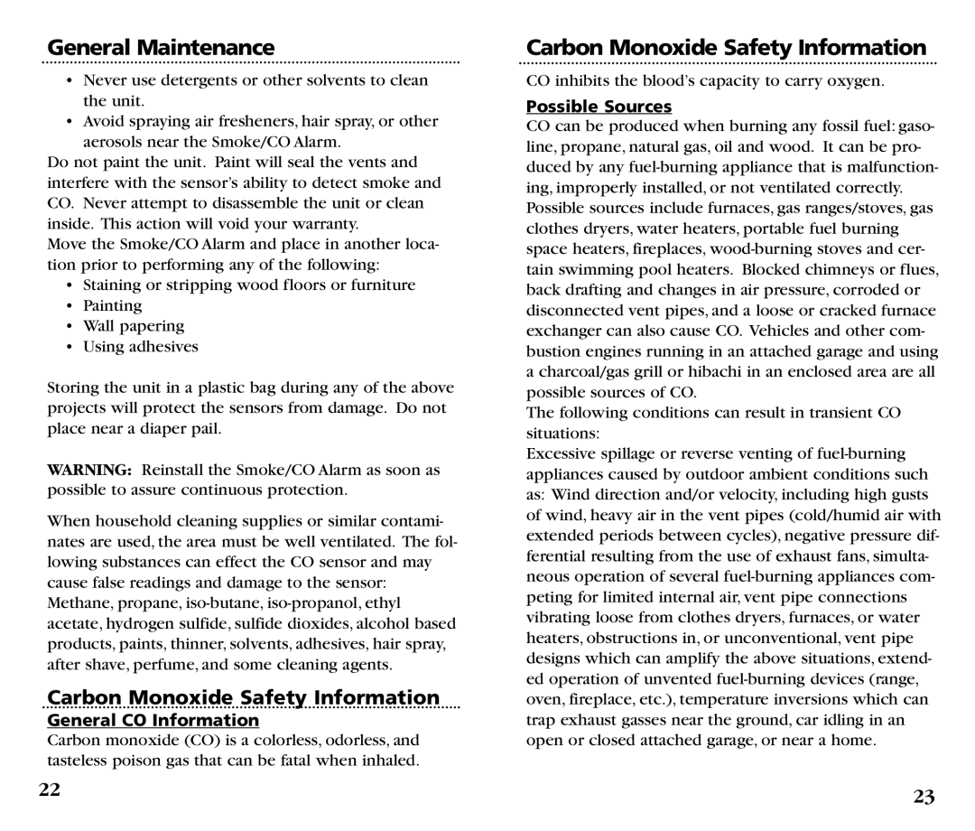 Kidde KN-COSM-B manual General Maintenance, Carbon Monoxide Safety Information, General CO Information, Possible Sources 