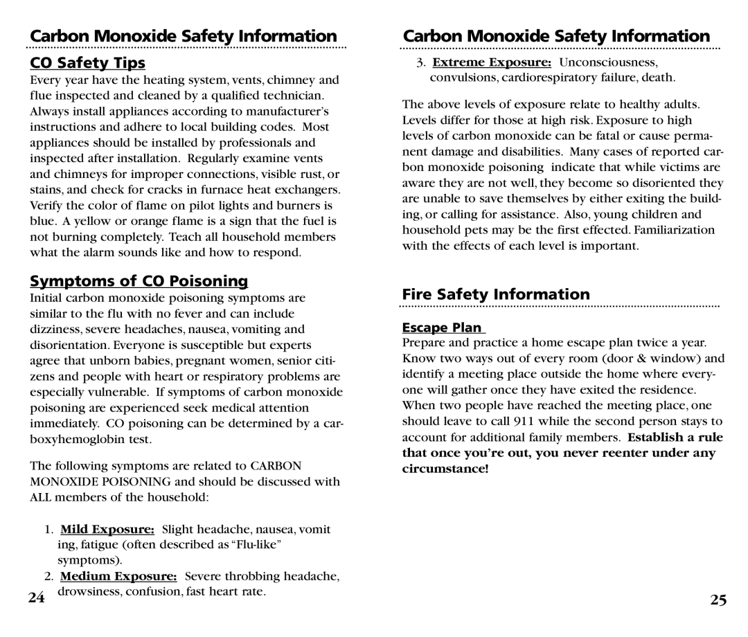 Kidde KN-COSM-B manual CO Safety Tips, Symptoms of CO Poisoning, Fire Safety Information, Escape Plan 