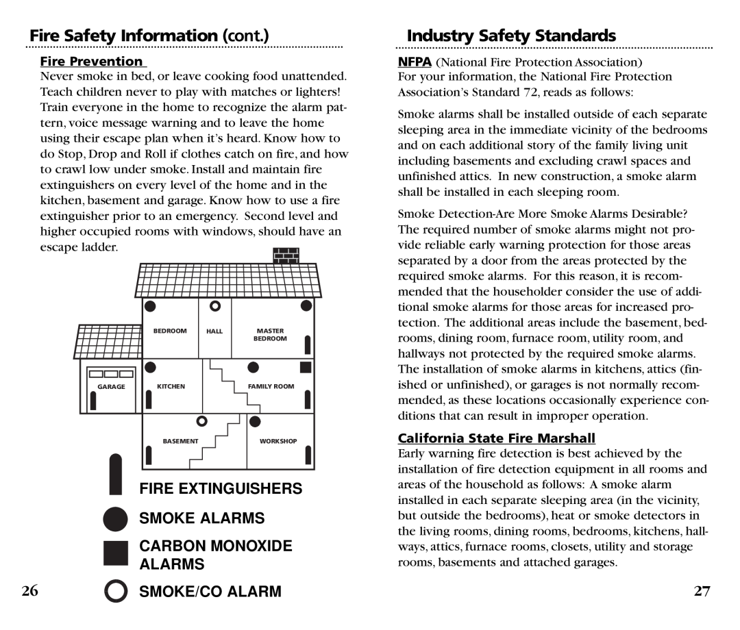 Kidde KN-COSM-B manual Fire Safety Information cont, Industry Safety Standards, Fire Extinguishers, 26SMOKE/CO/ ALARMALARM 