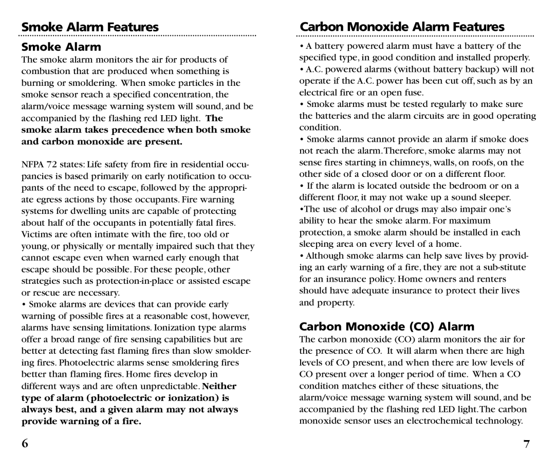Kidde KN-COSM-B manual Smoke Alarm Features, Carbon Monoxide Alarm Features, Carbon Monoxide CO Alarm 