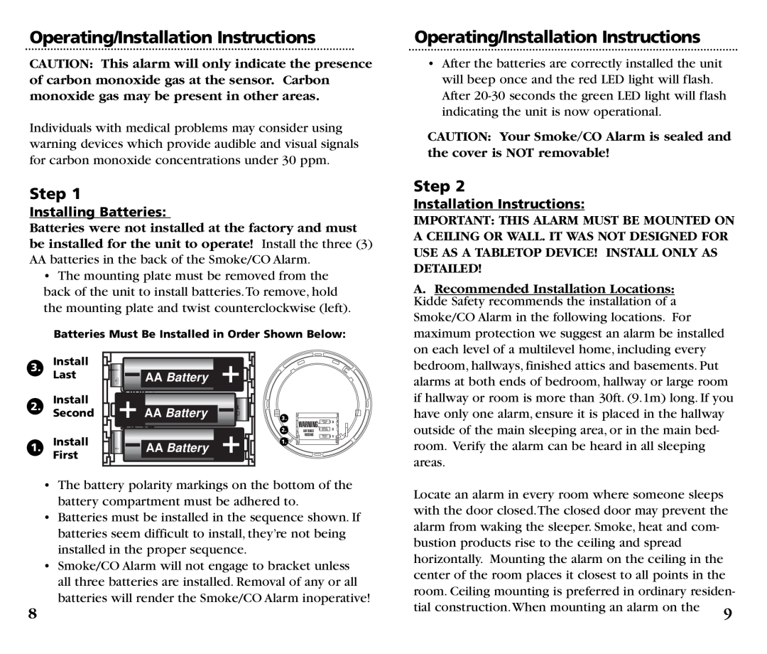 Kidde KN-COSM-B manual Operating/Installation Instructions, Step, Installing Batteries 