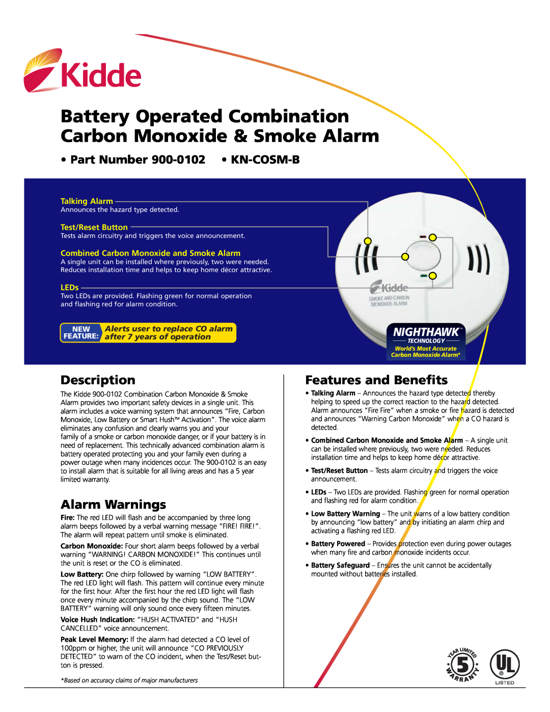 Kidde KN-COSM-B warranty Description, Alarm Warnings, Features and Benefits, Talking Alarm, Test/Reset Button, LEDs 