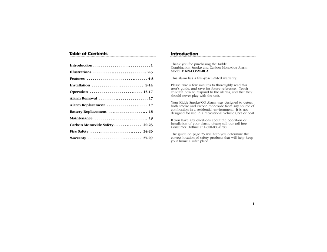 Kidde KN-COSM-BCA manual Table of Contents, Introduction 