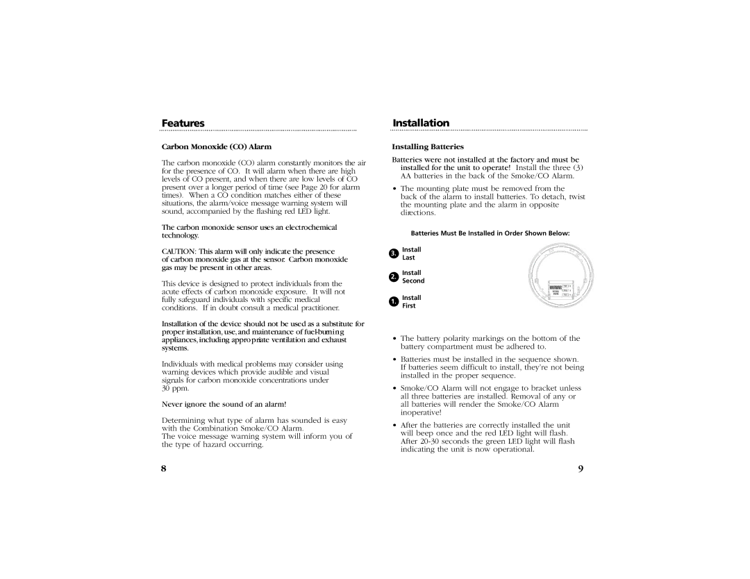 Kidde KN-COSM-BCA manual Installation, Carbon Monoxide CO Alarm, Installing Batteries 