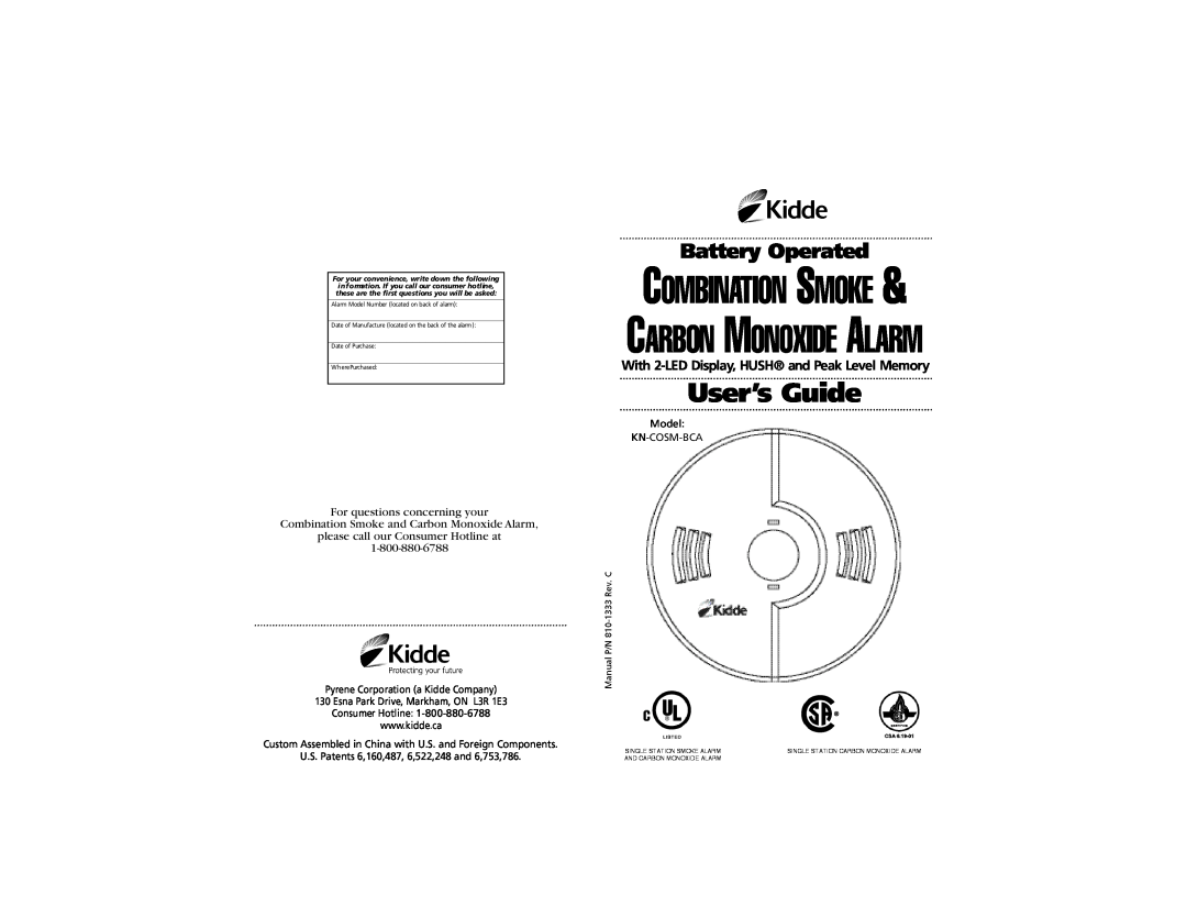 Kidde KN-COSM-BCA manual U s er’s Guide, Combination Smoke, B a t t e ry Operated, Carbon Monoxide Alarm 