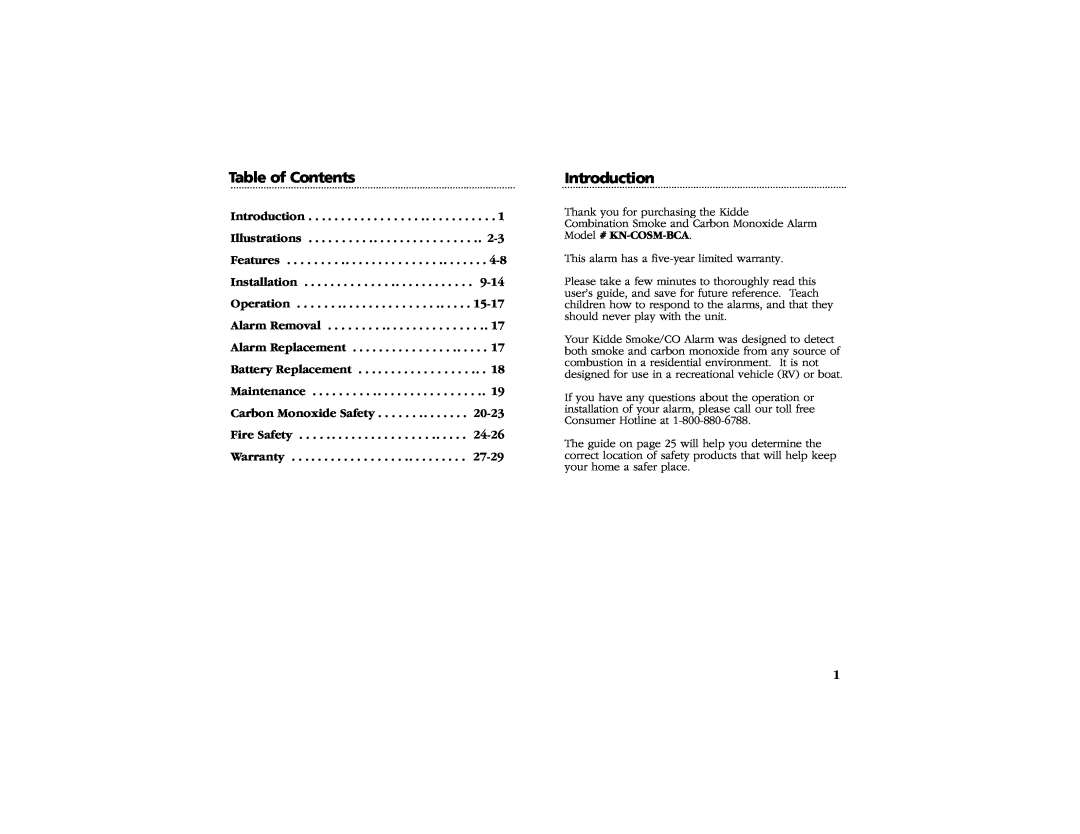 Kidde KN-COSM-BCA manual Table of Contents, Introduction Illustrations Features Installation Operation 