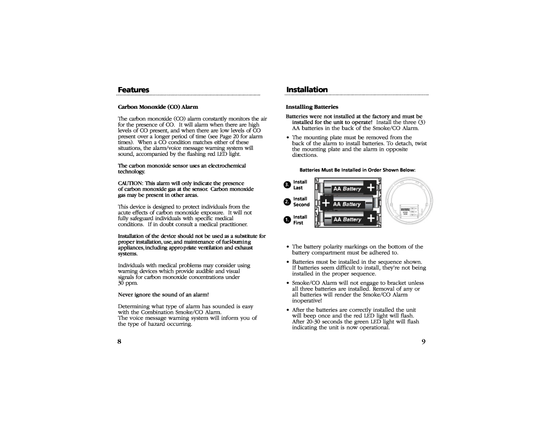 Kidde KN-COSM-BCA manual Installation, Carbon Monoxide CO Alarm, Installing Batteries, Features 