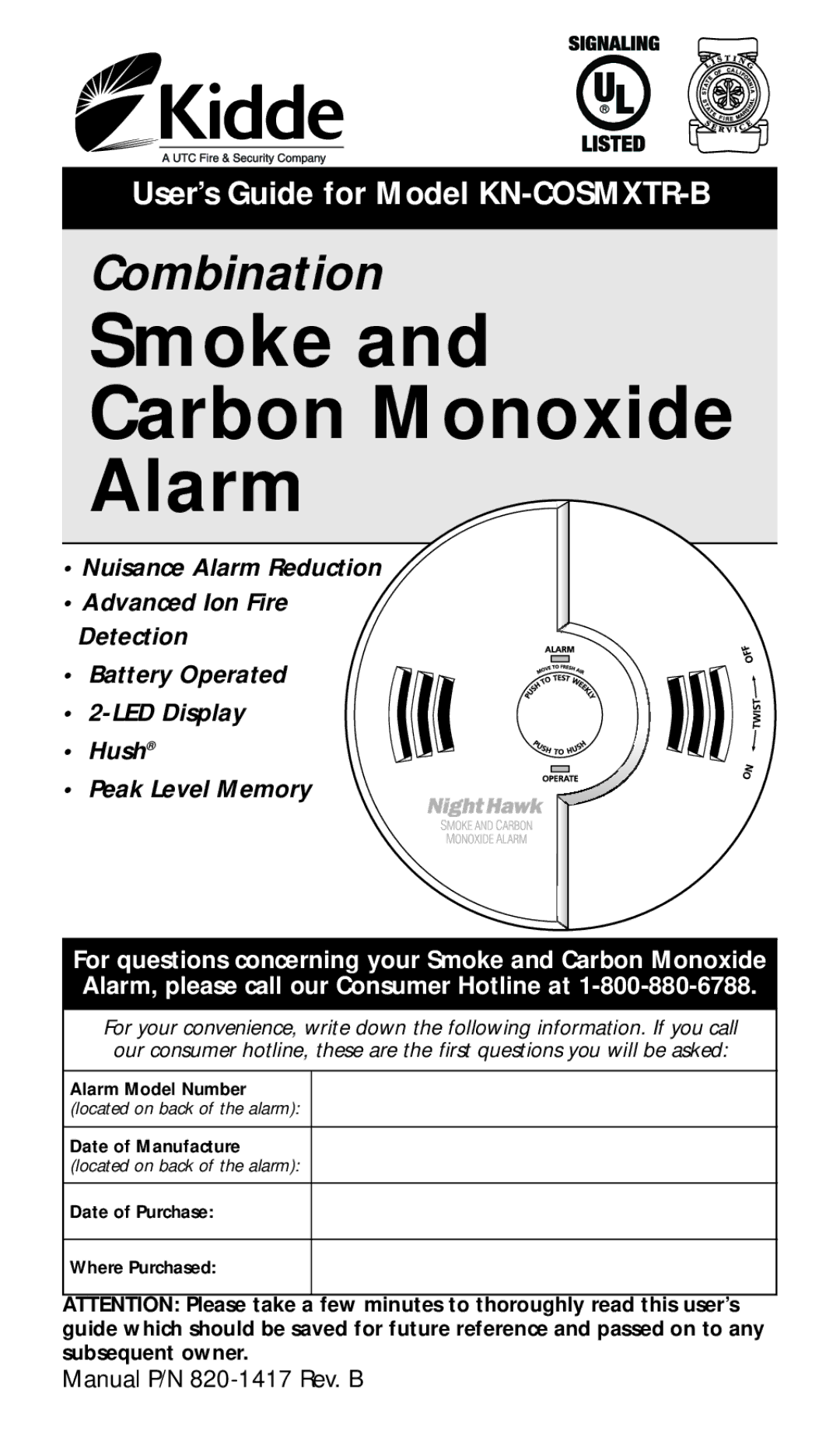 Kidde KN-COSMXTR-B manual Smoke Carbon Monoxide Alarm 