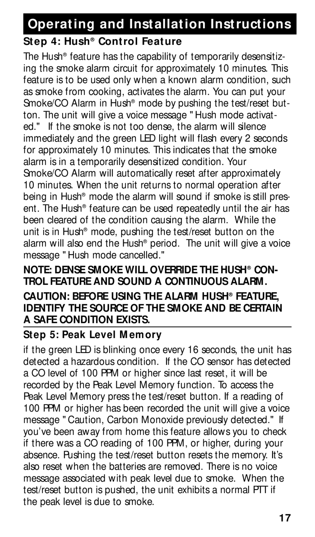 Kidde KN-COSMXTR-B manual Hush Control Feature, Peak Level Memory 
