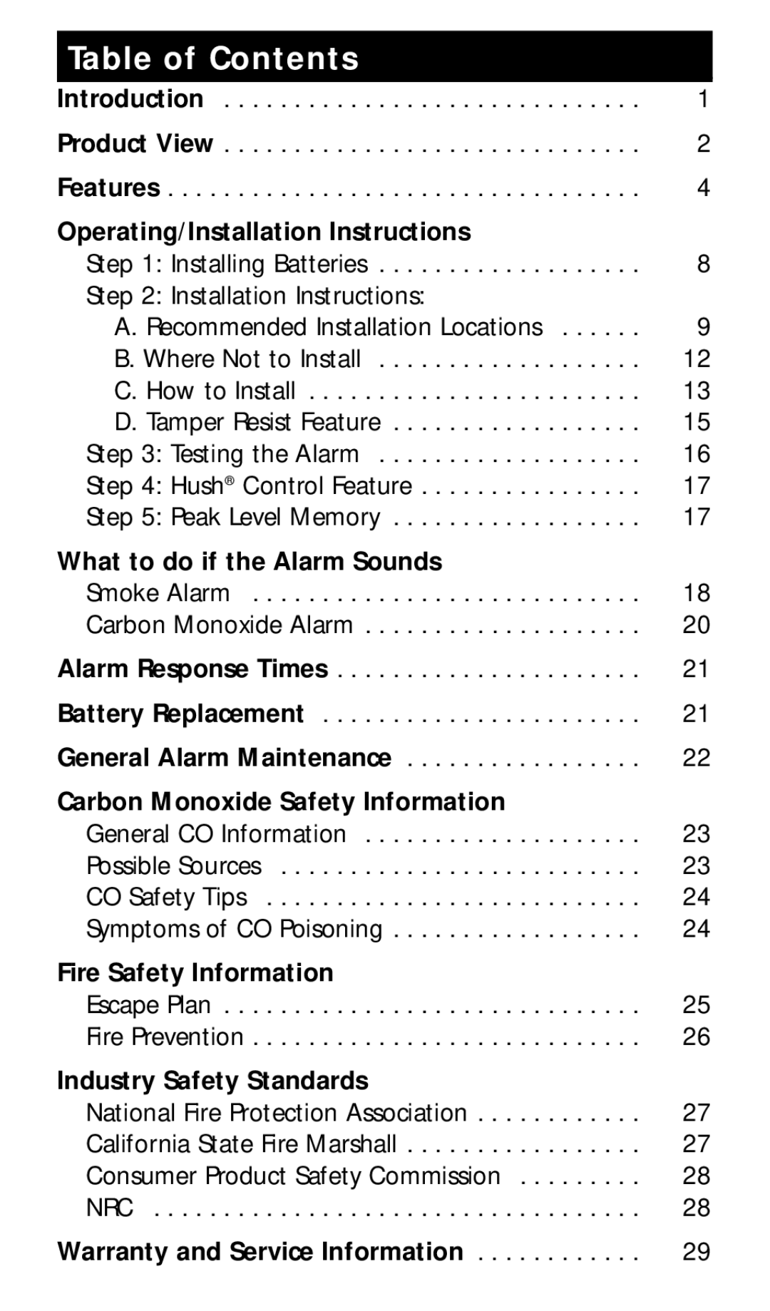 Kidde KN-COSMXTR-B manual Table of Contents 