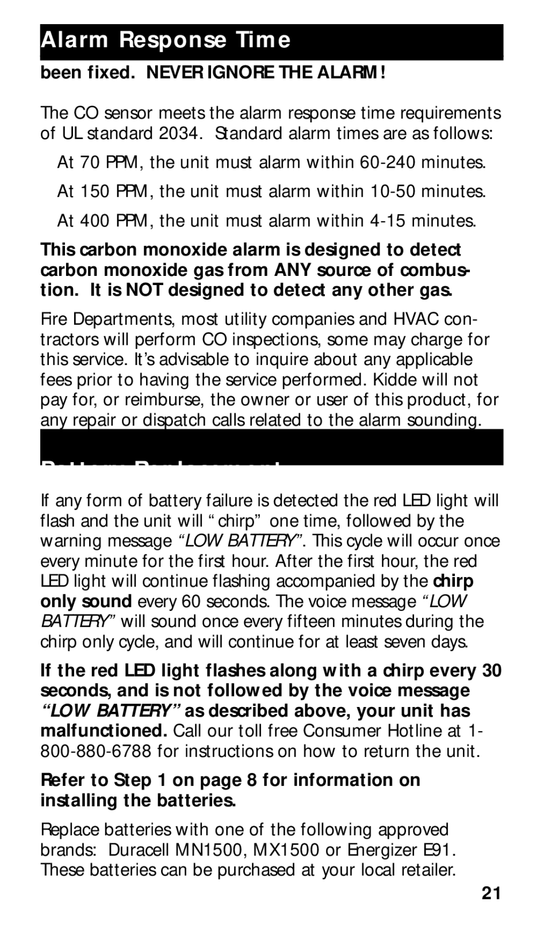 Kidde KN-COSMXTR-B manual Alarm Response Time, Been fixed. Never Ignore the Alarm 