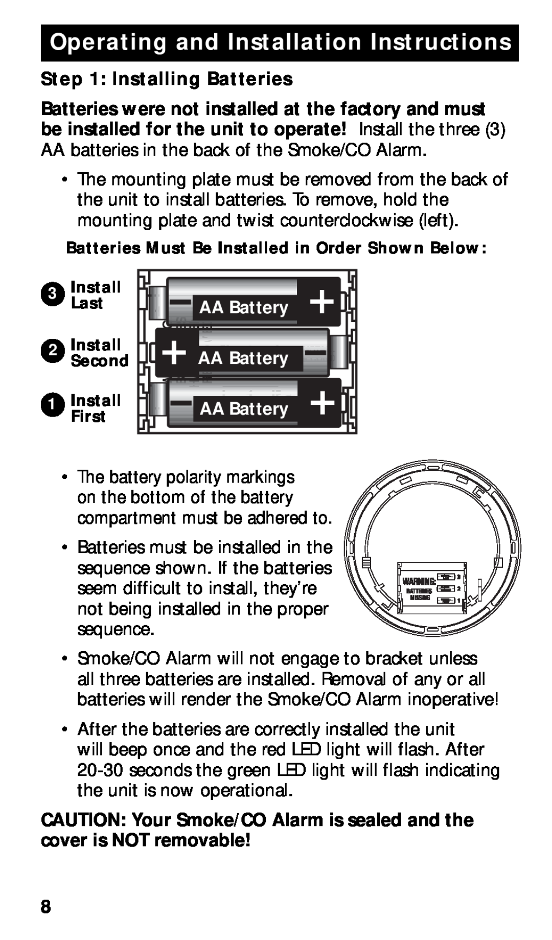 Kidde KN-COSMXTR-B manual Operating and Installation Instructions, Installing Batteries 