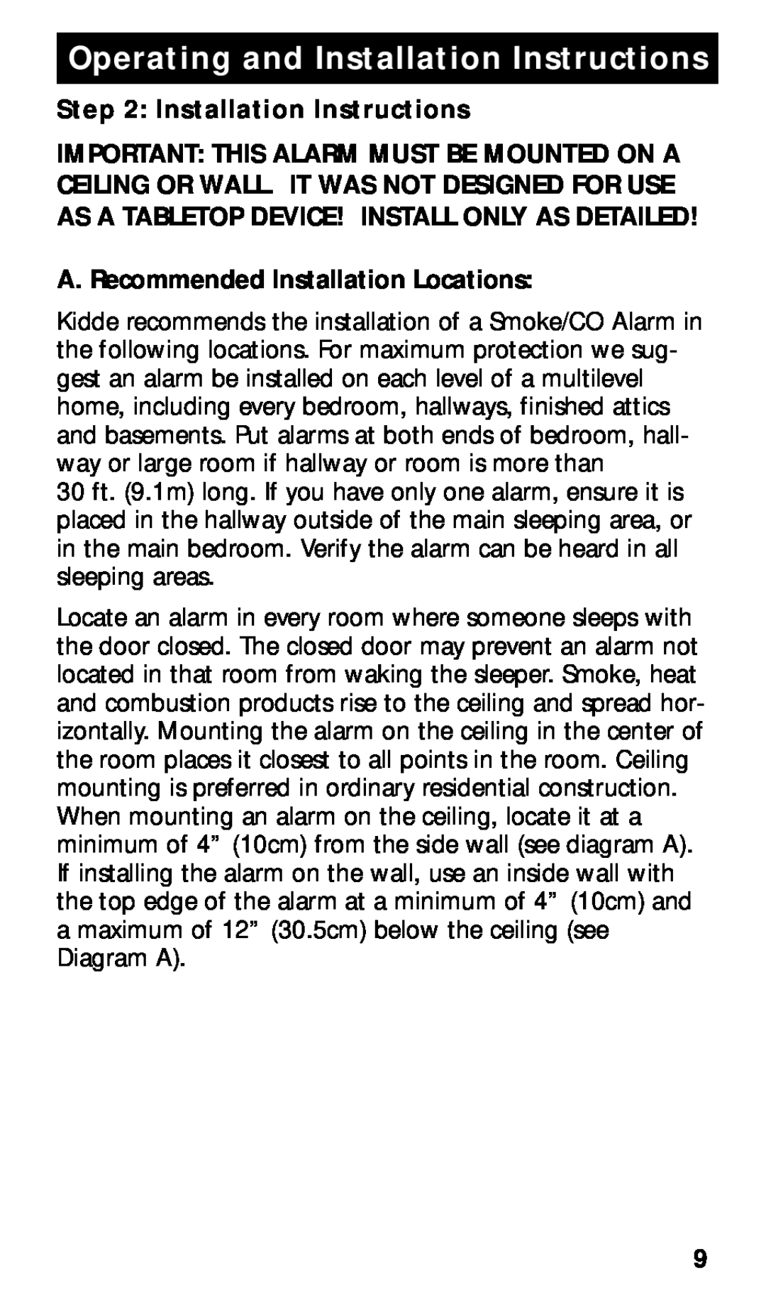 Kidde KN-COSMXTR-B manual Installation Instructions, A. Recommended Installation Locations 