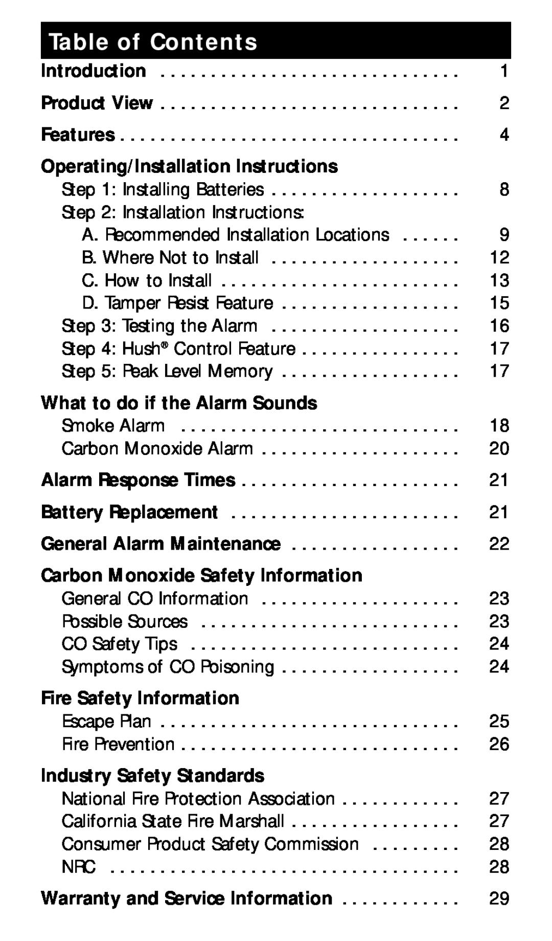 Kidde KN-COSMXTR-B manual Table of Contents, Operating/Installation Instructions, What to do if the Alarm Sounds 