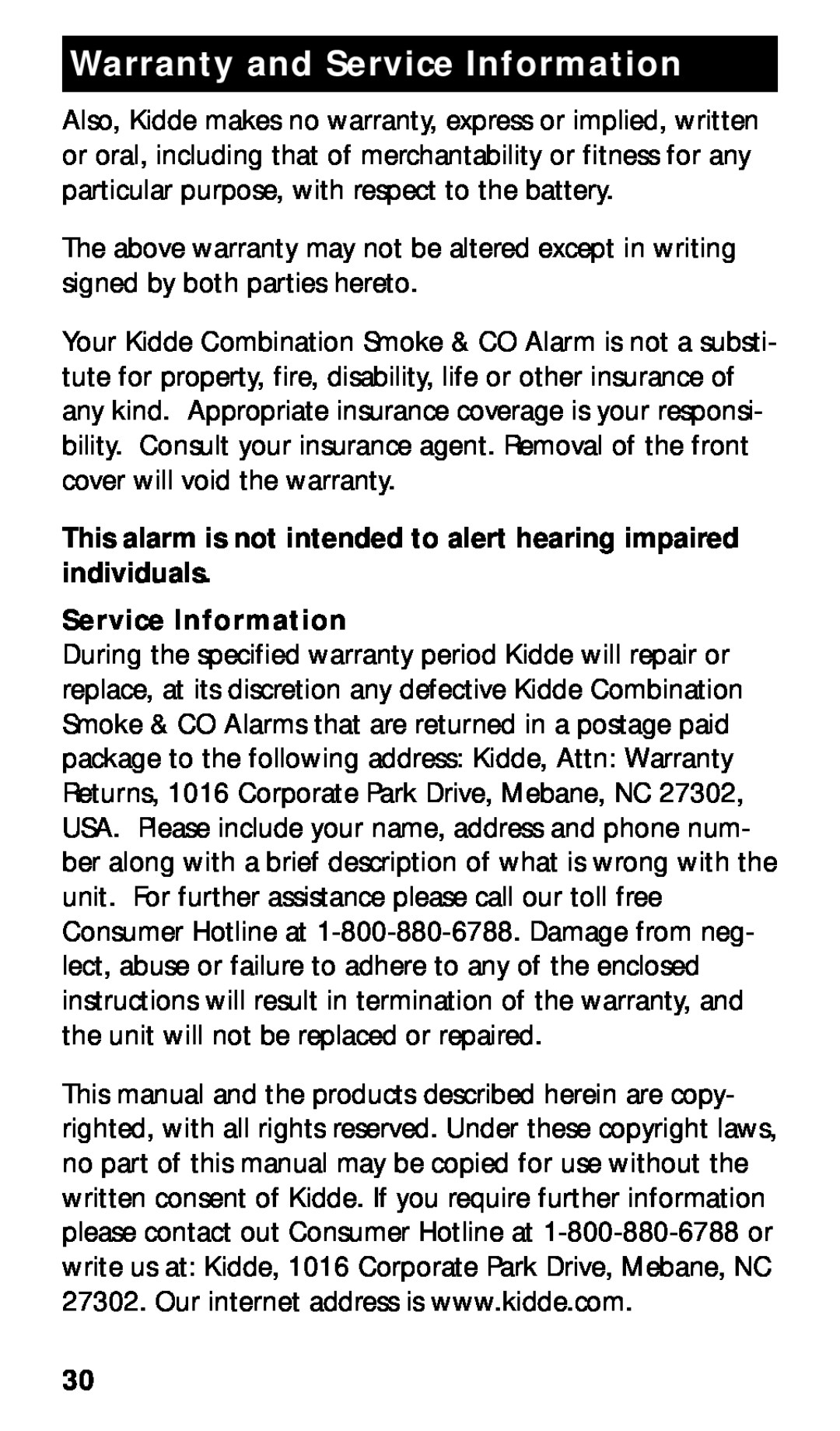 Kidde KN-COSMXTR-B manual This alarm is not intended to alert hearing impaired individuals, Service Information 