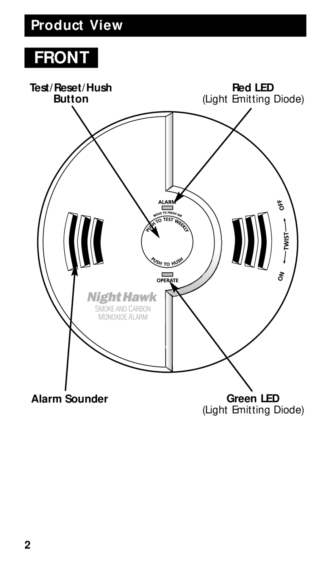Kidde KN-COSMXTR-B manual Front, Product View, Light Emitting Diode, Alarm Sounder 