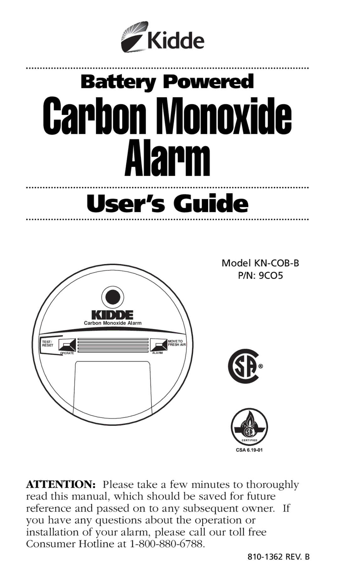 Kidde KN-OOB-B manual Alarm 