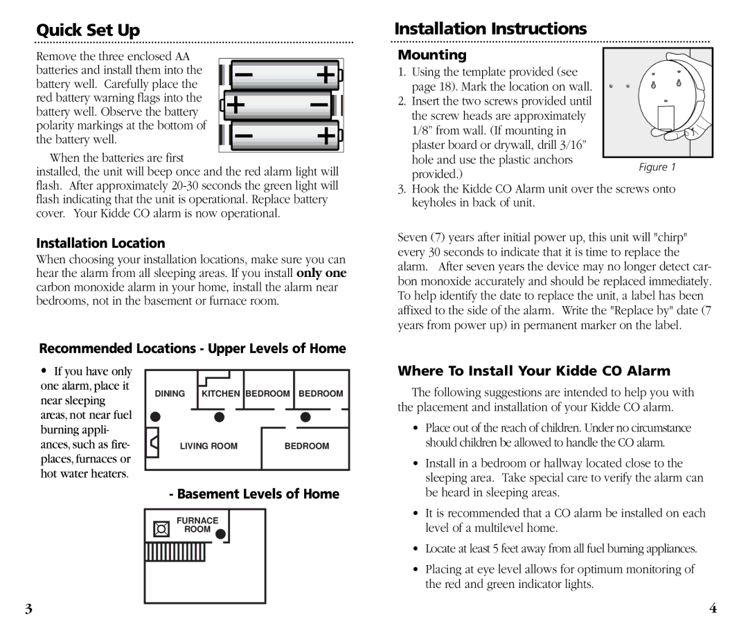 Kidde KN-OOB-B manual Quick Set Up, Installation Instructions 