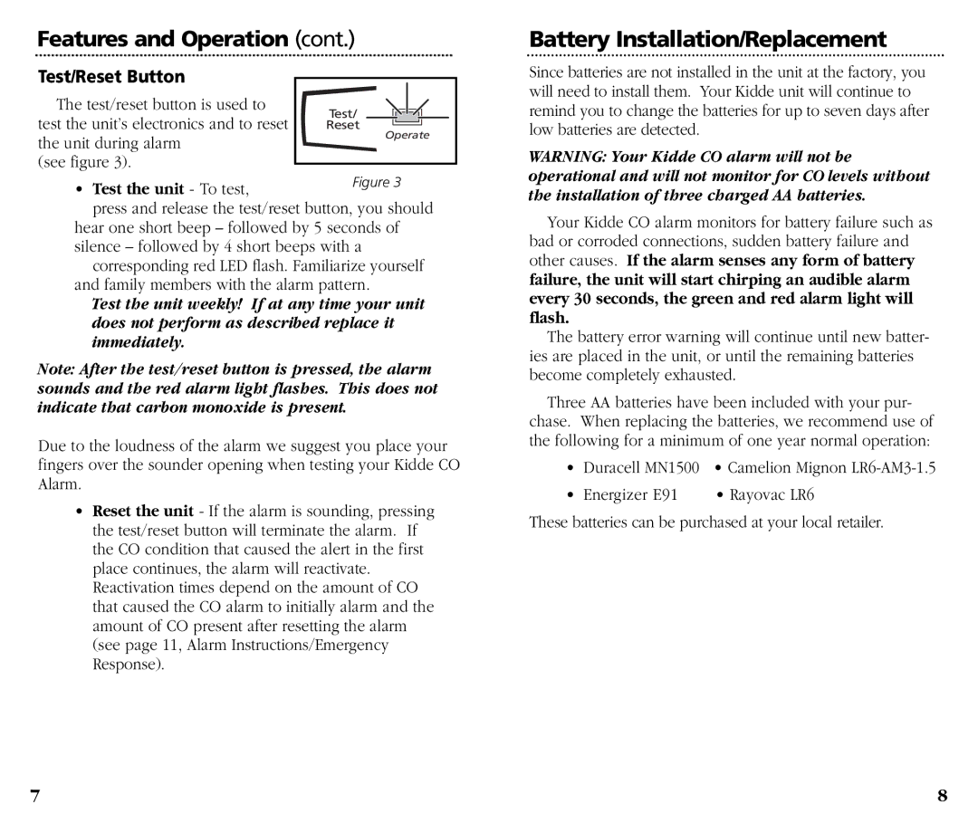 Kidde KN-OOB-B manual Features and Operation Battery Installation/Replacement, Test/Reset Button, Test the unit To test 