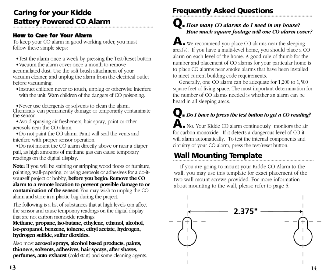 Kidde KN-OOB-B manual Caring for your Kidde Battery Powered CO Alarm, Frequently Asked Questions, Wall Mounting Template 