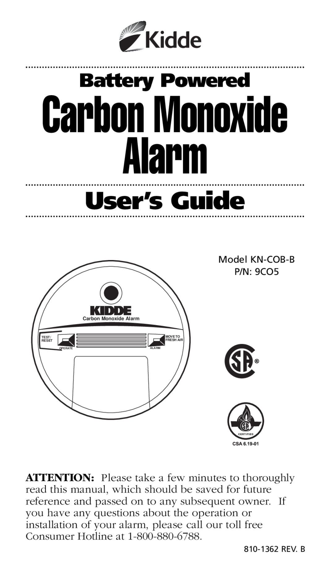 Kidde KN-OOB-B manual User’s Guide, Alarm, Carbon Monoxide, Battery Powered 