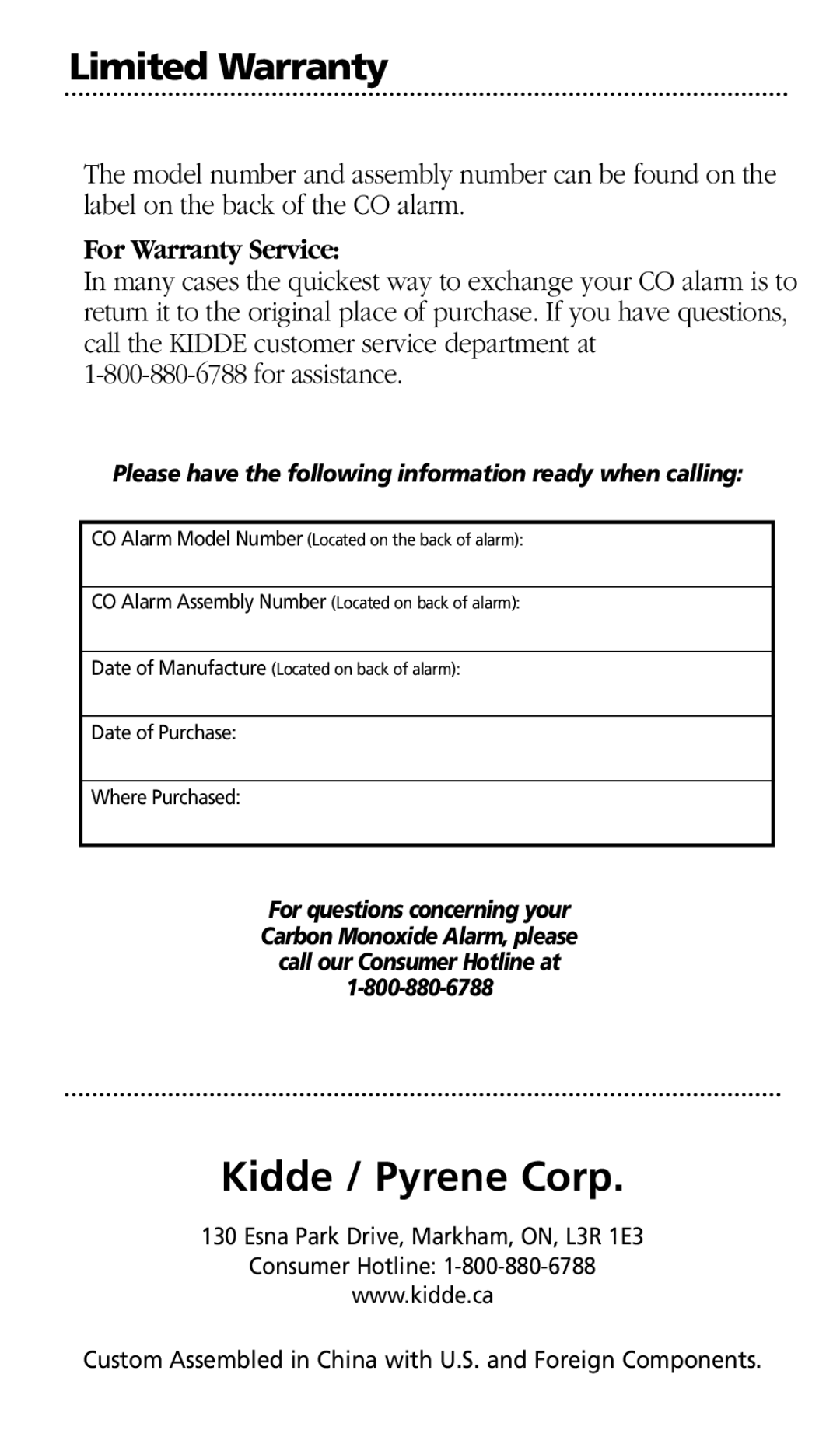 Kidde KN-OOB-B manual Kidde / Pyrene Corp, Limited Warranty, For Warranty Service 