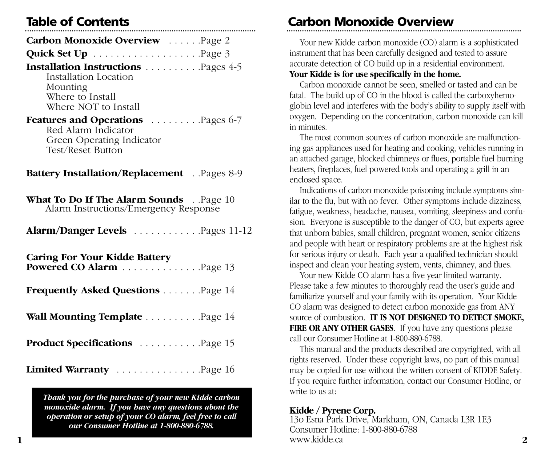 Kidde KN-OOB-B Table of Contents, Carbon Monoxide Overview . . . . . .Page, Battery Installation/Replacement . .Pages 
