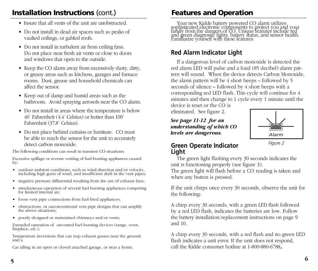 Kidde KN-OOB-B Installation Instructions cont, Features and Operation, Red Alarm Indicator Light, Green Operate Indicator 