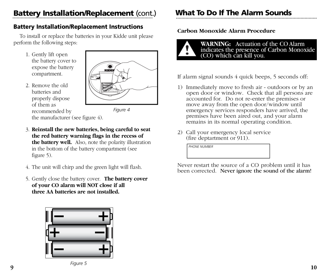 Kidde KN-OOB-B Battery Installation/Replacement cont, What To Do If The Alarm Sounds, three AA batteries are not installed 