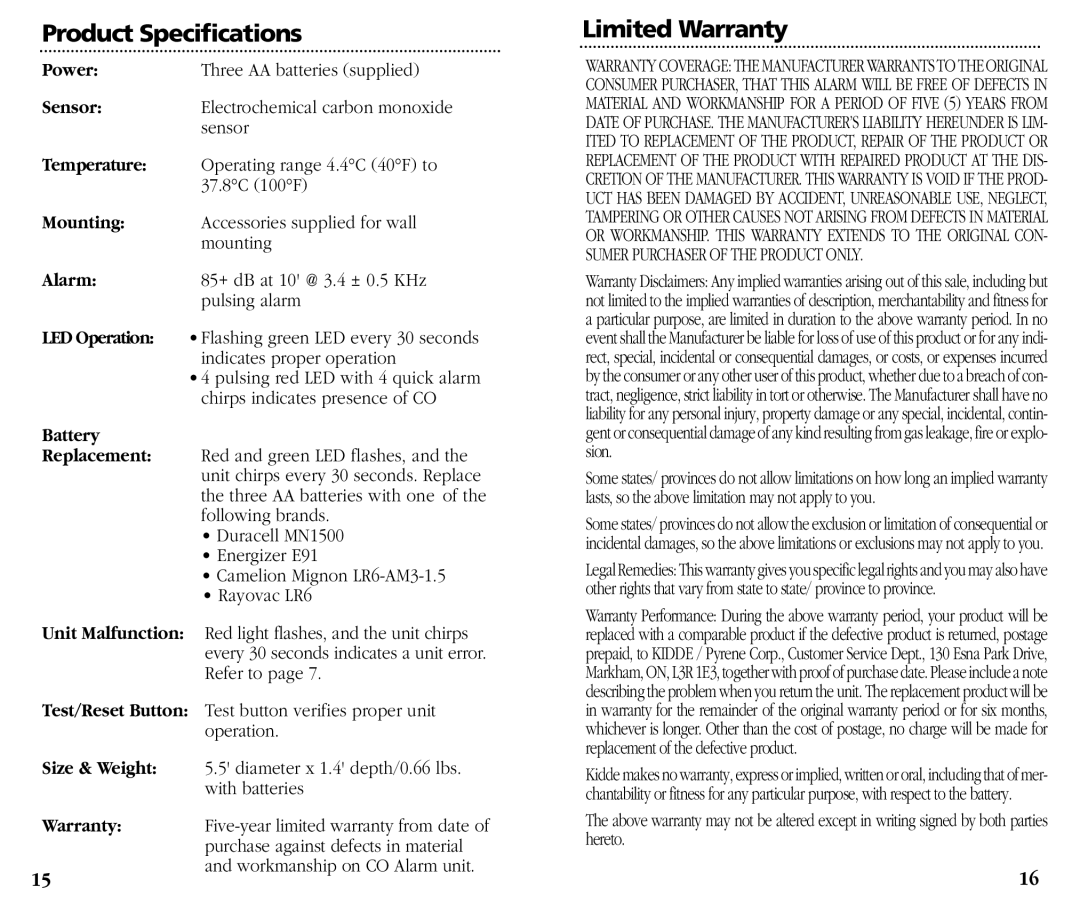 Kidde KN-OOB-B manual Product Specifications, Limited Warranty, Battery 