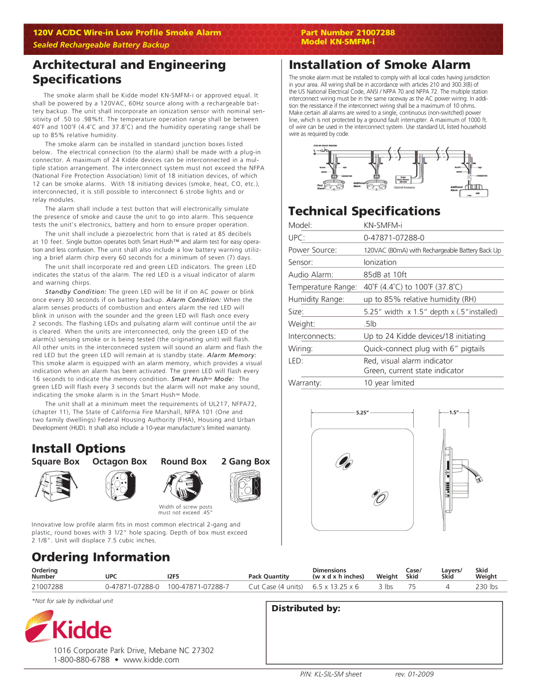 Kidde KN-SMFM-I warranty Architectural and Engineering Specifications, Install Options, Technical Specifications 