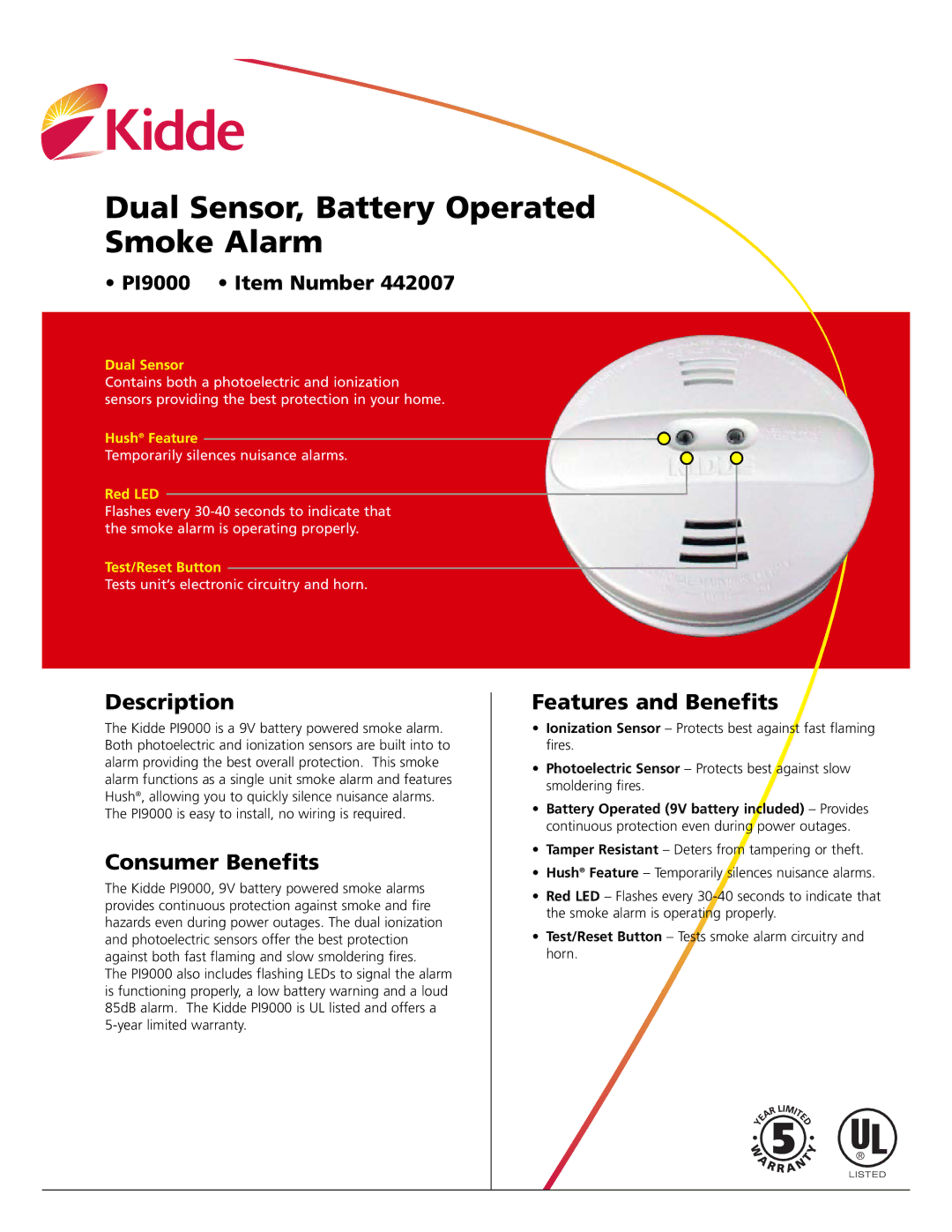 Kidde NC-7100W warranty Description, Consumer Benefits, Features and Benefits 