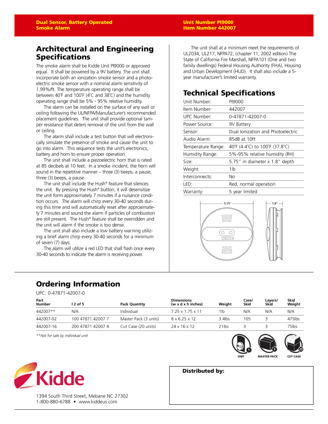 Kidde NC-7100W warranty Architectural and Engineering Specifications, Technical Specifications, Ordering Information 