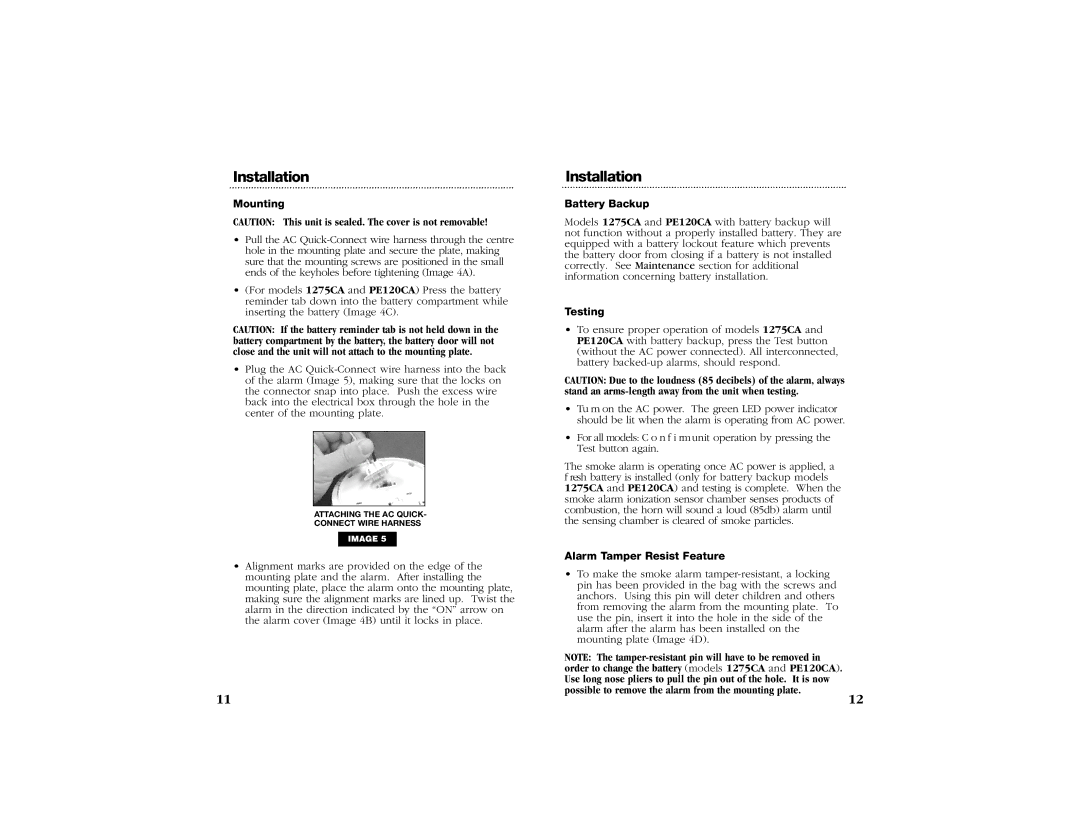 Kidde 1275CA, PE120CA, 1235CA manual Mounting, Battery Backup, Testing, Alarm Tamper Resist Feature 