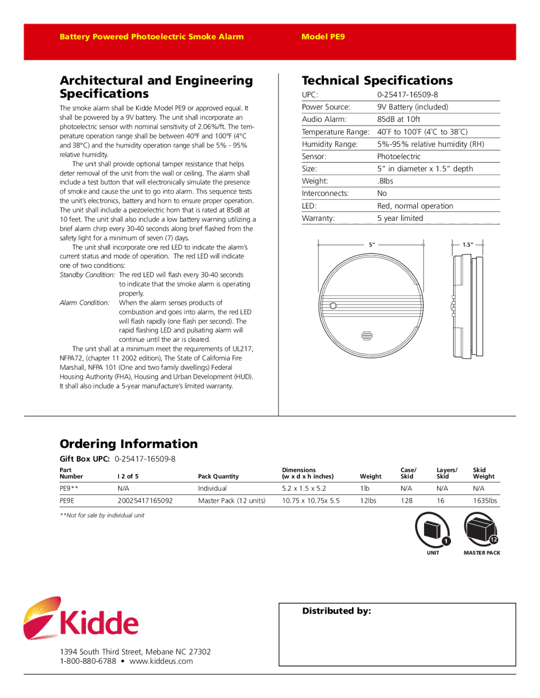 Kidde PE9 warranty Architectural and Engineering Specifications, Technical Specifications, Ordering Information 