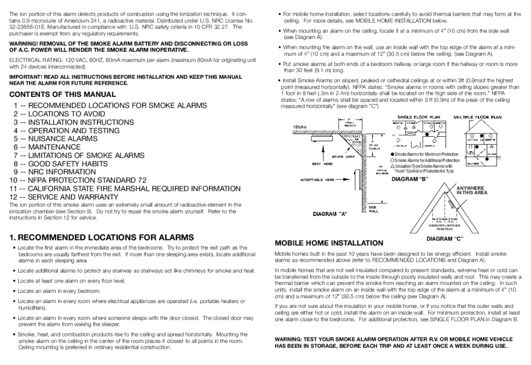 Kidde PI 2000 manual Recommended Locations for Alarms, Contents of this Manual, Mobile Home Installation 