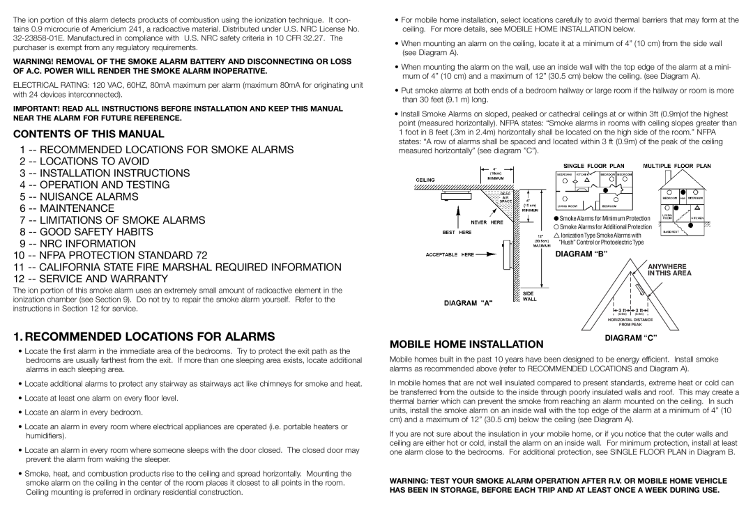 Kidde PI 2000 Recommended Locations For Alarms, Contents Of This Manual, Mobile Home Installation, Service And Warranty 