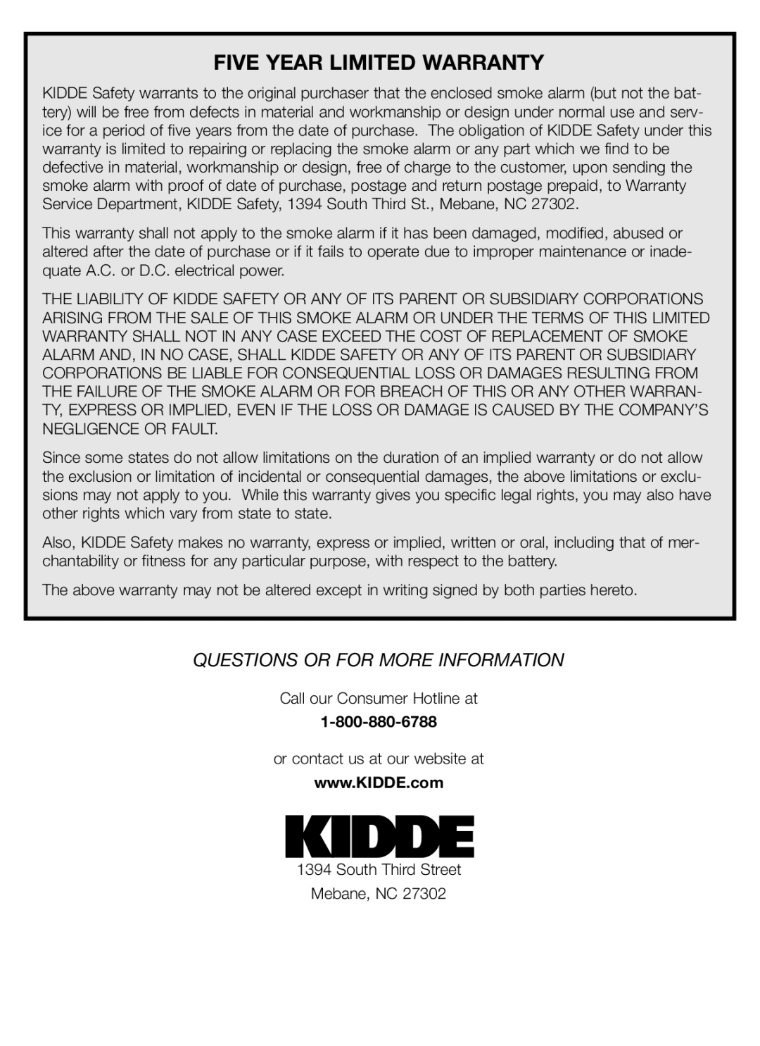Kidde PI 2000 manual Five Year Limited Warranty, Questions Or For More Information 