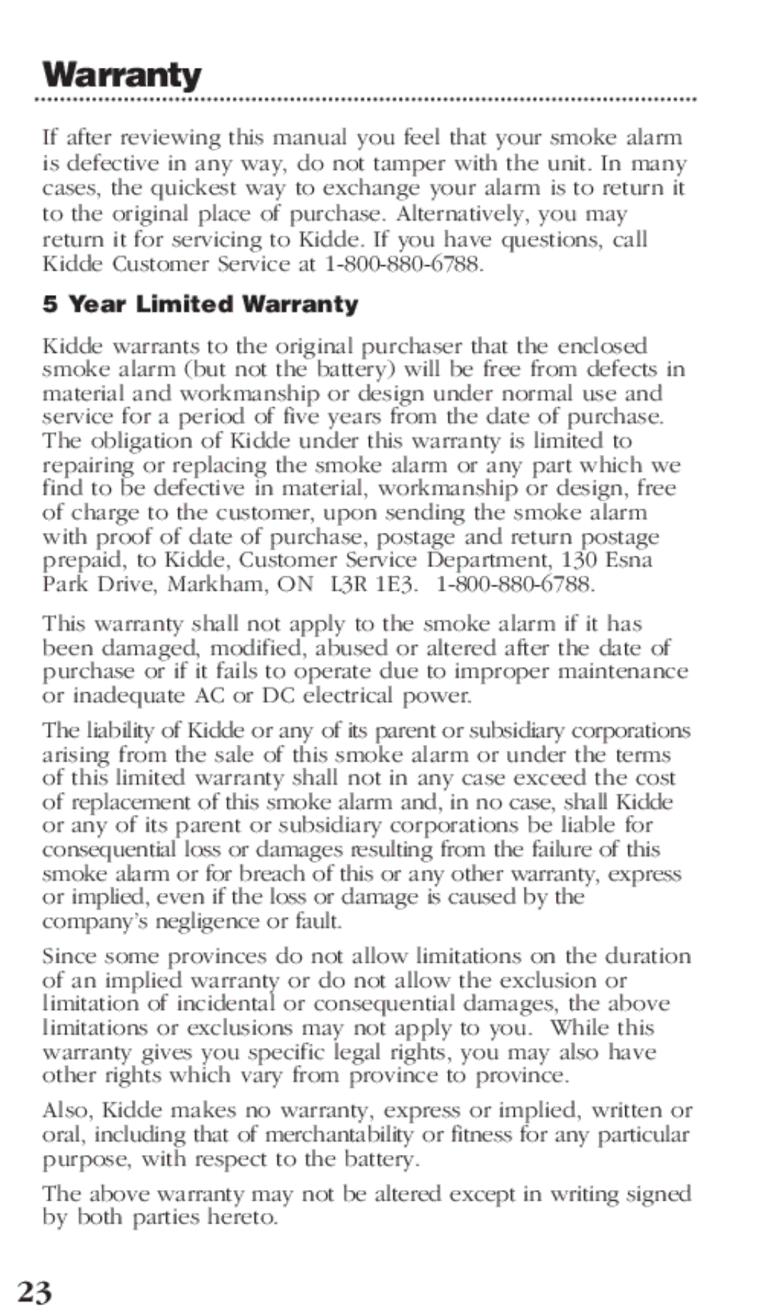 Kidde PI2000CA manual Year Limited Warranty 
