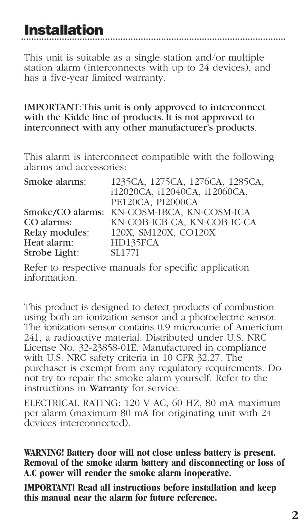 Kidde PI2000CA manual Installation, HD135FCA 