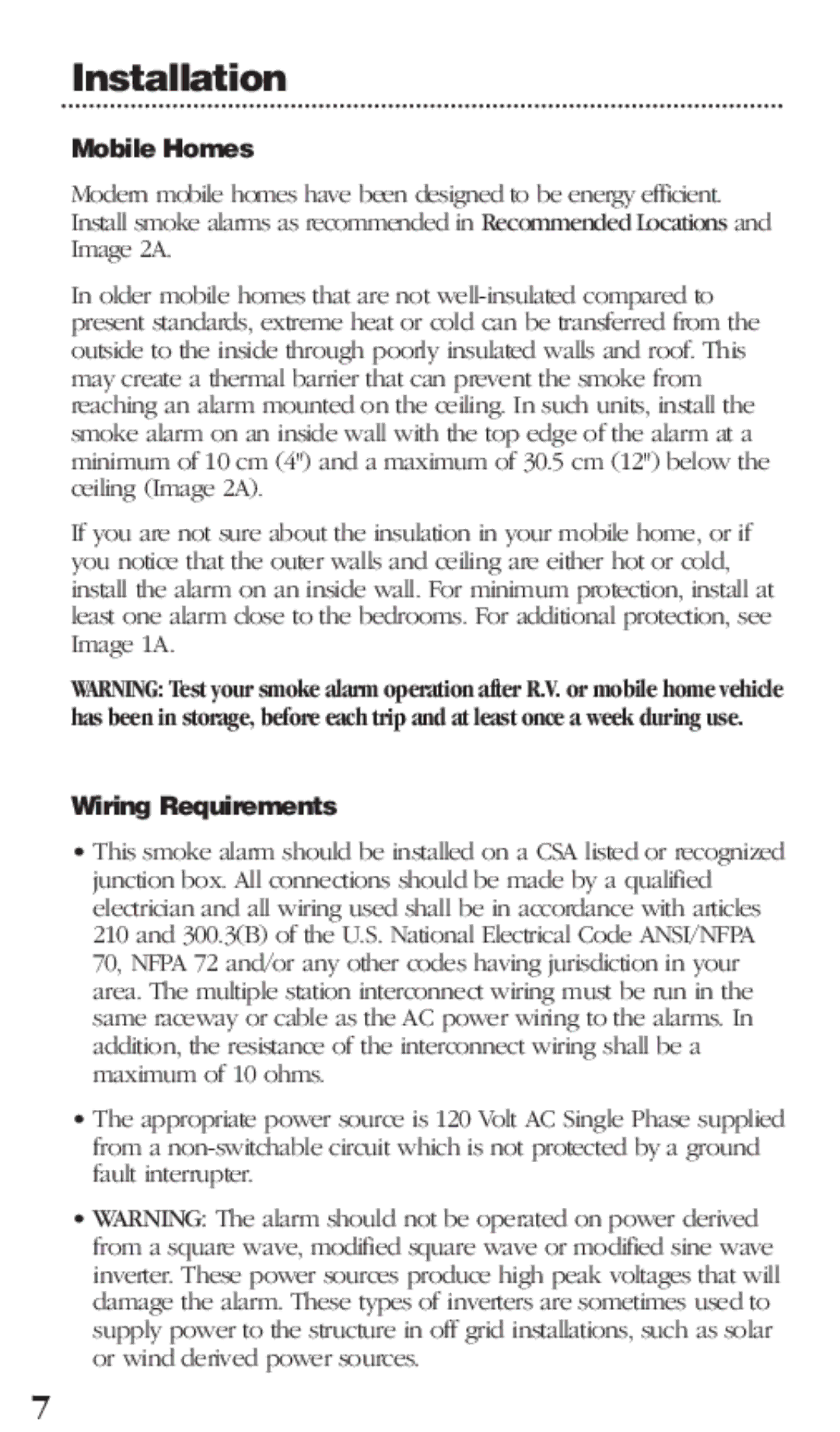 Kidde PI2000CA manual Mobile Homes, Wiring Requirements 