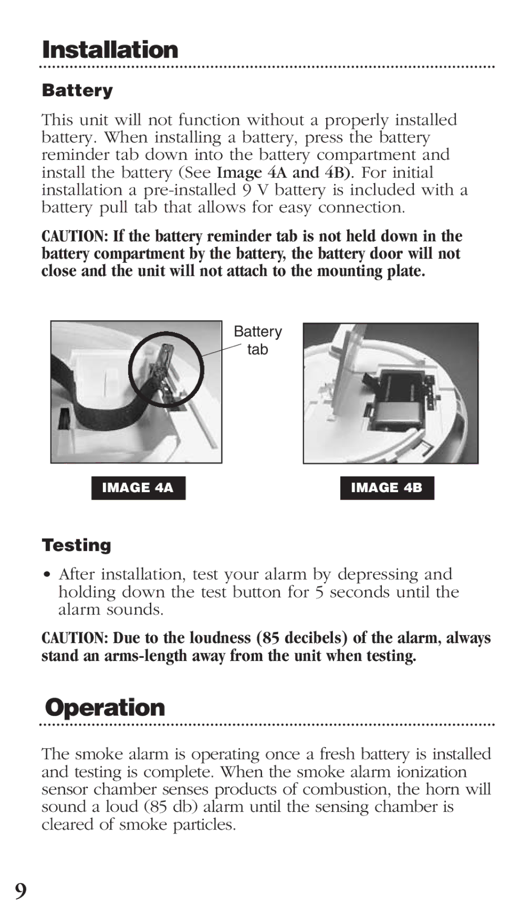 Kidde PI9000CA manual Operation, Battery, Testing 