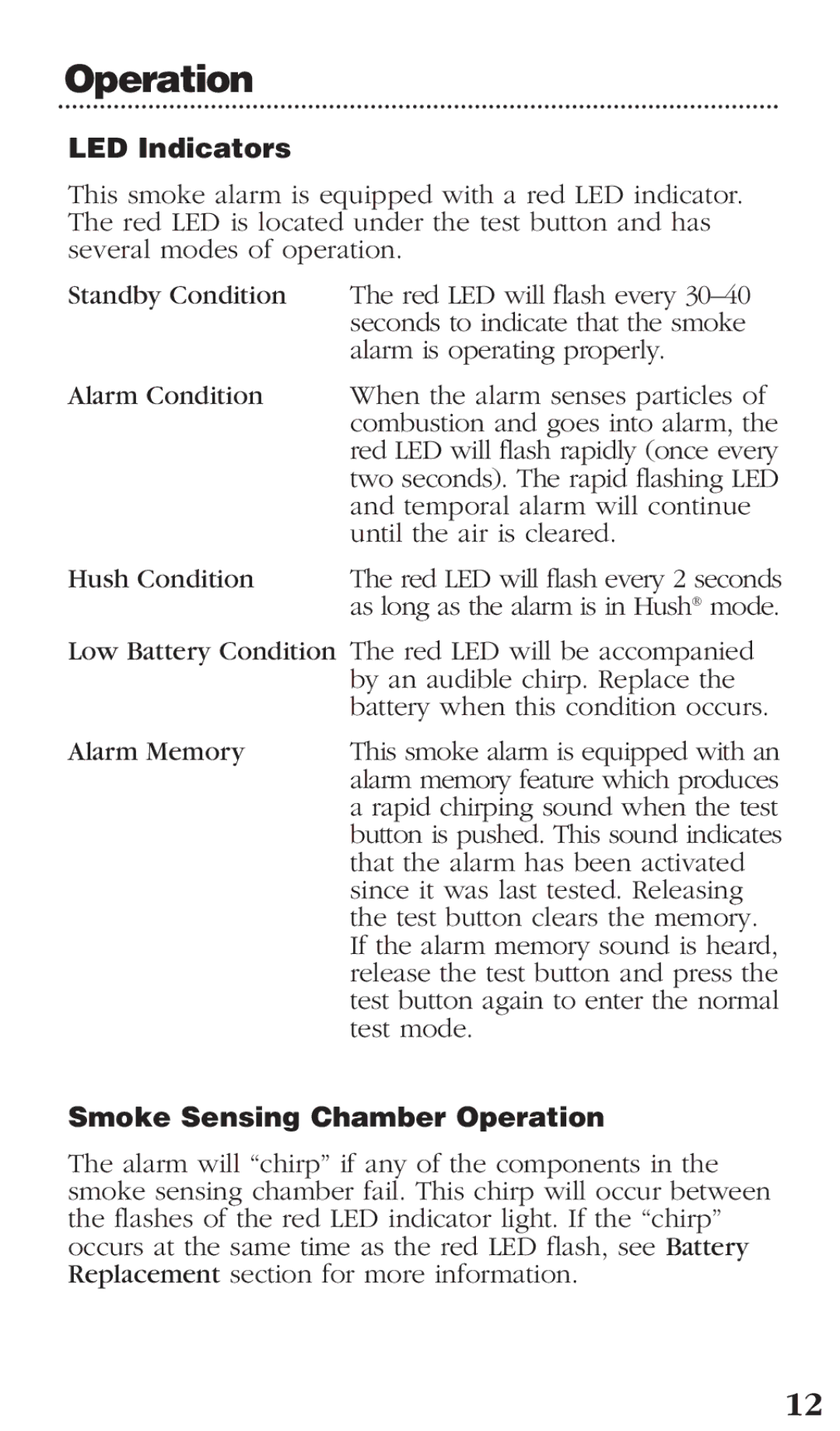 Kidde PI9000CA manual LED Indicators, Smoke Sensing Chamber Operation 